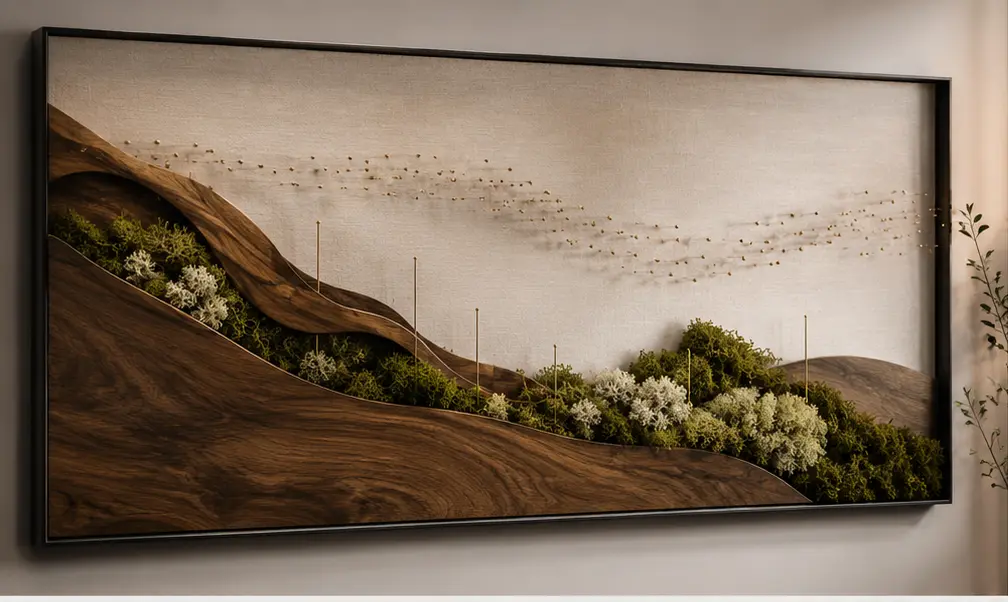 Quiet Drift sculptural walnut, preserved moss, and brass artwork shown in full
