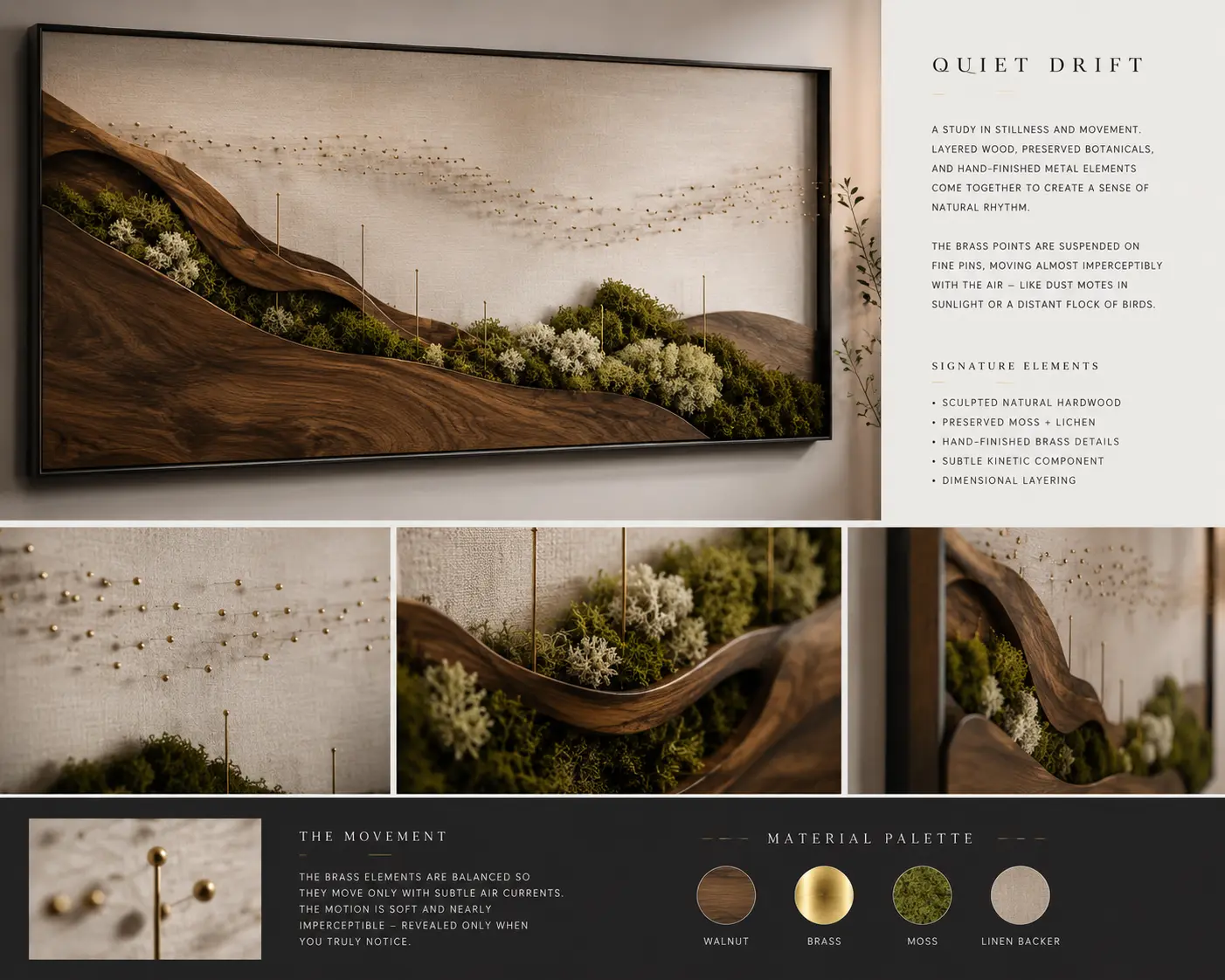 Quiet Drift complete design board showing the finished artwork, detail views, movement, and material palette